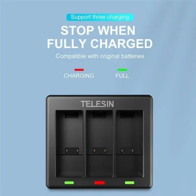 TELESIN 3 Slots Charger with 2 Batteries for GoPro 9/10/11 - Black